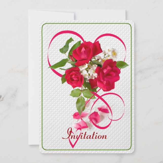 Red Valentine Roses Ribbon & Hearts Photo Invitation (Front)