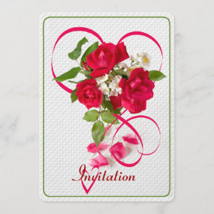 Red Valentine Roses Ribbon & Hearts Photo Invitation