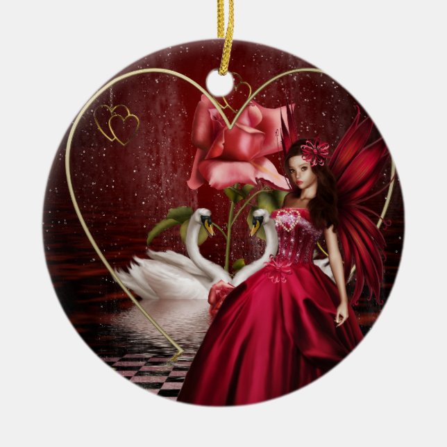 Red Valentine's Day Fairy Ceramic Ornament (Front)