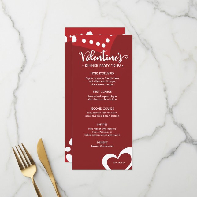 Red Valentine's day Hearts Custom dinner party  Menu (Front/Back In Situ)