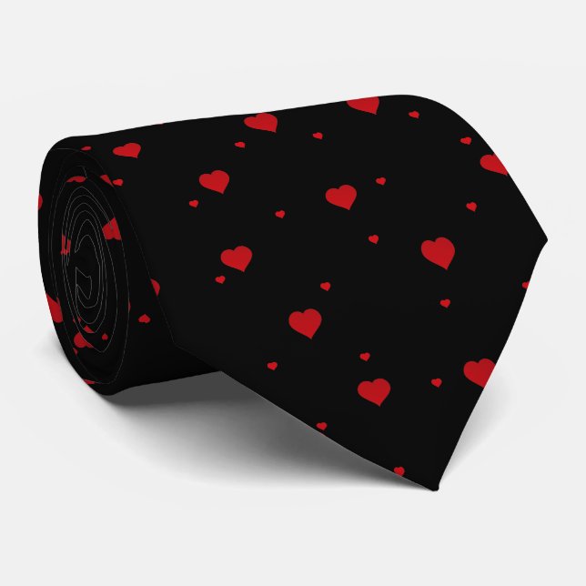 Red Valentines Hearts Pattern On Black Tie (Rolled)