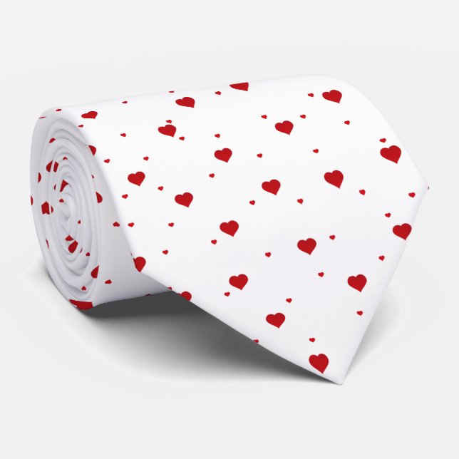 Red Valentines Hearts Pattern On White Tie (Rolled)