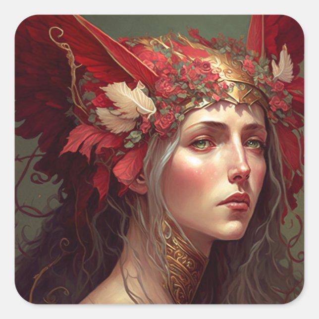 Red Valkyrie Woman Fantasy Art Square Sticker (Front)