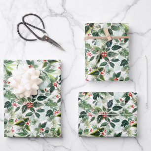 Red Variegated Winterberries Pattern Christmas Wrapping Paper Sheet