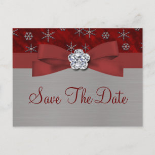 Red Velour & Silver Snowflakes Save The Date 2 Announcement Postcard