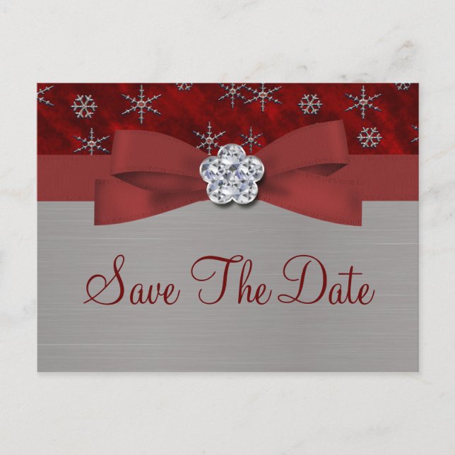 Red Velour & Silver Snowflakes Save The Date 2 Announcement Postcard (Front)