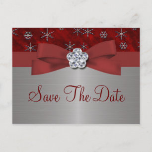 Red Velour & Silver Snowflakes Save The Date Announcement Postcard