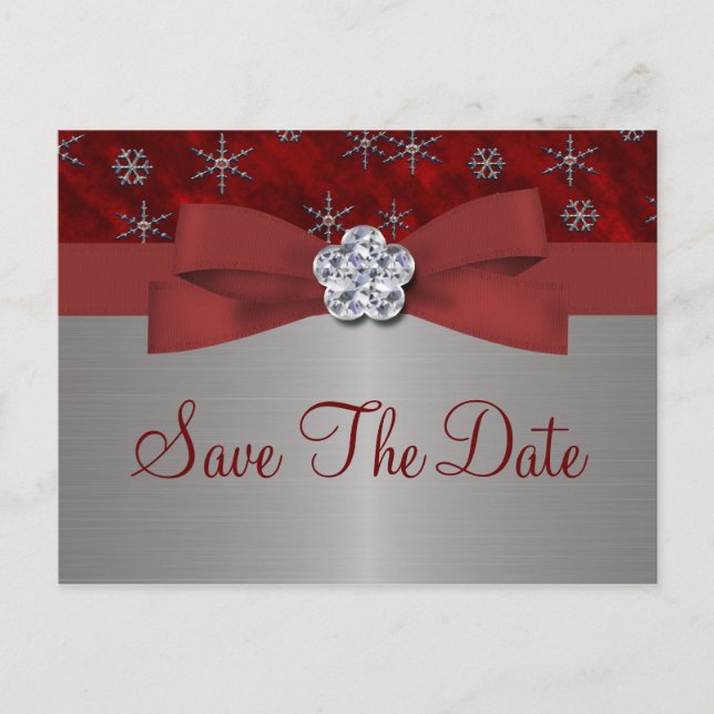Red Velour & Silver Snowflakes Save The Date Announcement Postcard (Front)
