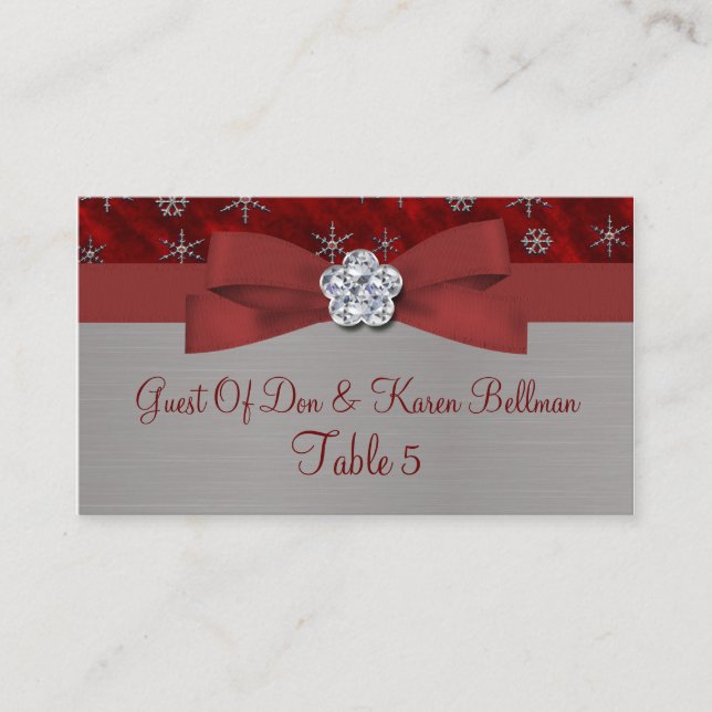 Red Velour & Silver Snowflakes Table Place Card (Front)