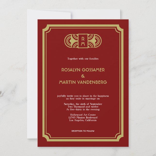 Red velvet art deco retro Hollywood glam wedding Invitation (Front)