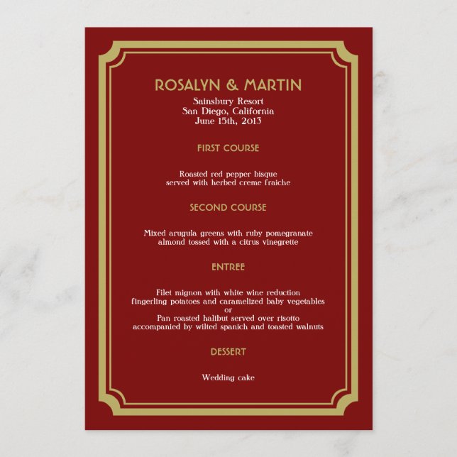 Red velvet art deco retro wedding menu card (Front)