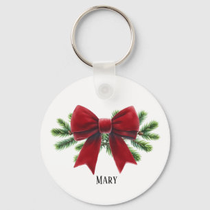 Red Velvet Bow Personalized Holiday Keychain