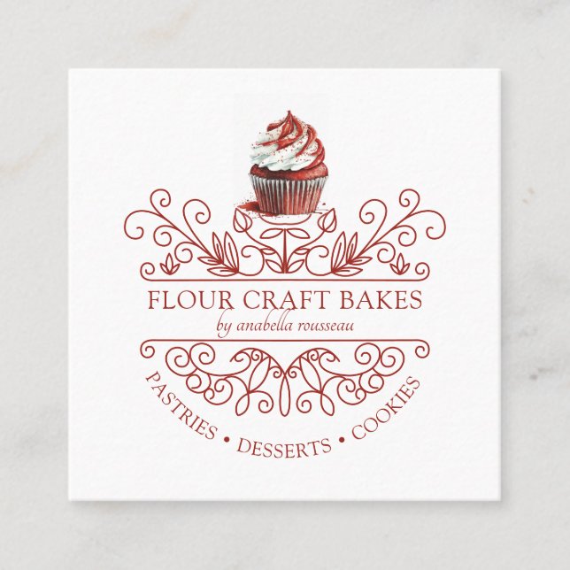 Red Velvet Cupcake Deco Frame Bakery Baker's Logo  Square Business Card (Front)