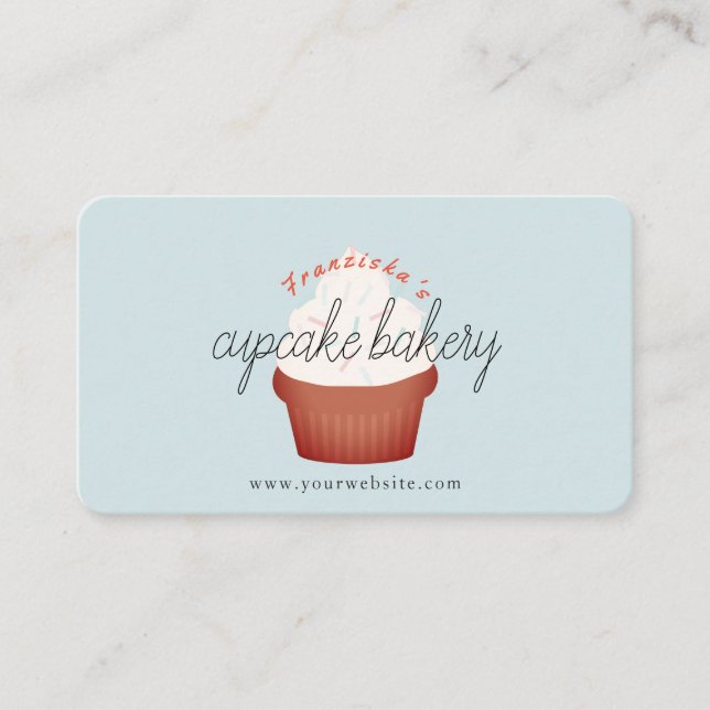 Red Velvet Cupcake Light Blue Bakery Business Card (Front)
