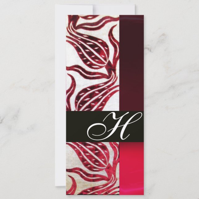 RED VELVET DAMASK TULIPS MONOGRAM Burgundy White Invitation (Front)