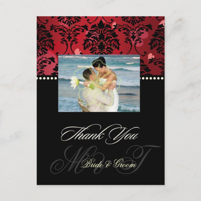 Red Velvet + Hearts Damask Wedding Photo Thank you Postcard (Front)