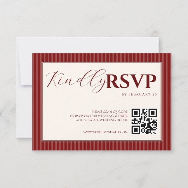 Red Velvet Script Classic Striped Wedding RSVP Card (Front)