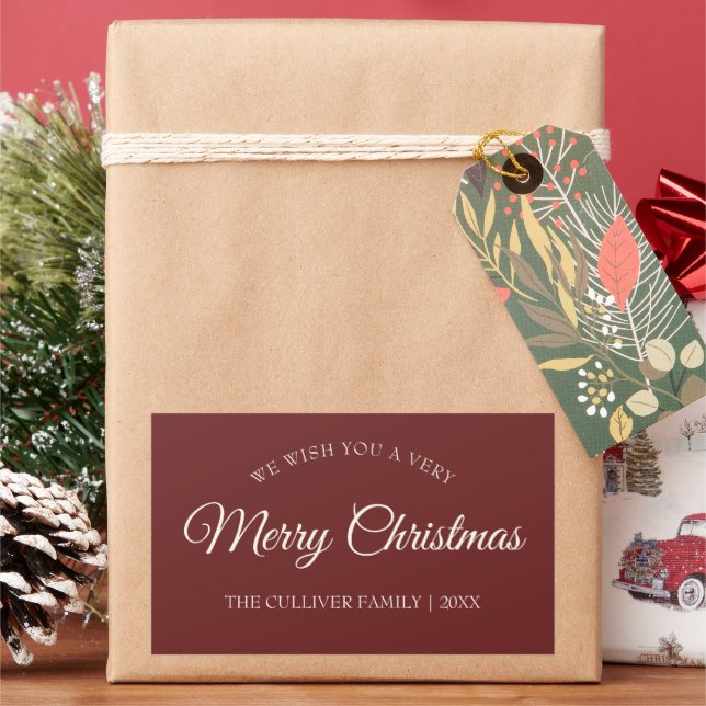 Red Very Merry Christmas Family Name Gift Label (Holiday)