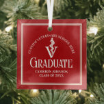 Red Veterinary School Graduation Christmas Glass Ornament<br><div class="desc">This custom red veterinary school graduation Christmas ornament for a veterinarian features the white medical caduceus for the class of 2025. Customize with your graduating year under the elegant calligraphy for a great personalized university graduate gift.</div>