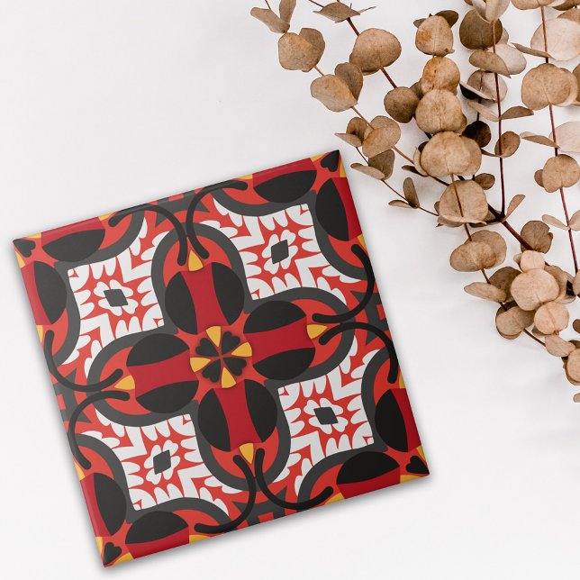 Red Vibrant Ethnic Boho Geometric Mosaic Pattern Tile (Creator Uploaded)
