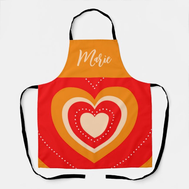 Red Vibrant Heart Cute Personalized Name Apron (Front)
