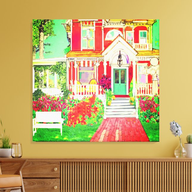Red Victorian House Lush Yard Canvas Print (Insitu(LivingRoom))