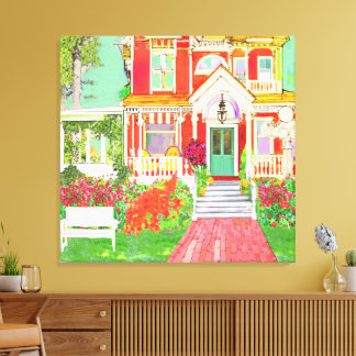 Red Victorian House Lush Yard Canvas Print