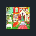 Red Victorian House Wrap Around Porch Canvas Print<br><div class="desc">Mixed media drawing and digital of vintage red Victorian house in lush yard setting with flowers,  bushes and tree.</div>