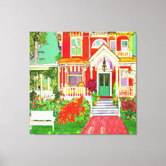 Red Victorian House Wrap Around Porch Canvas Print