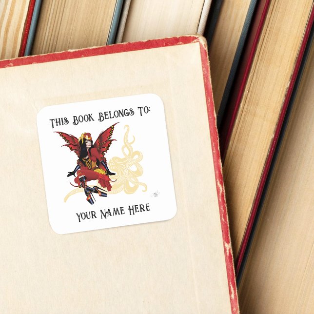  Red Victorian Steampunk Fairy Octopus Bookplate Square Sticker (Creator Uploaded)