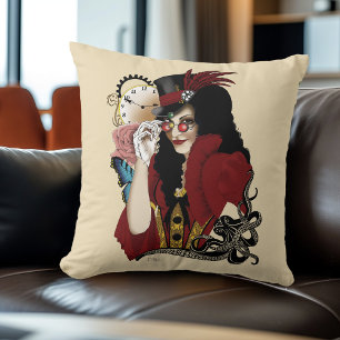 Red Victorian Steampunk Lady Vintage Octopus Throw Pillow