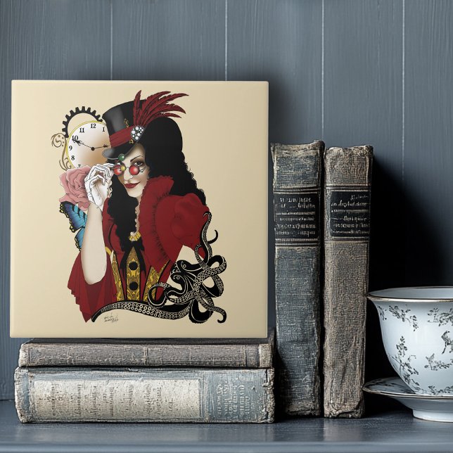 Red Victorian Steampunk Lady Vintage Octopus Tile (Creator Uploaded)