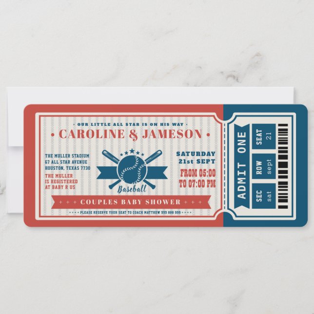 Red Vintage Baseball Ticket Couples Baby Shower Invitation (Front)