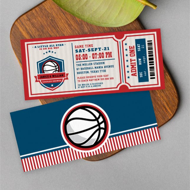 Red Vintage Basketball Ticket Couples Baby Shower Invitation (Creator Uploaded)