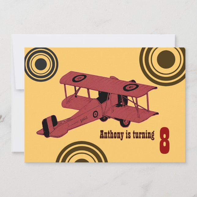 red vintage biplane boy's birthday invite (Front)