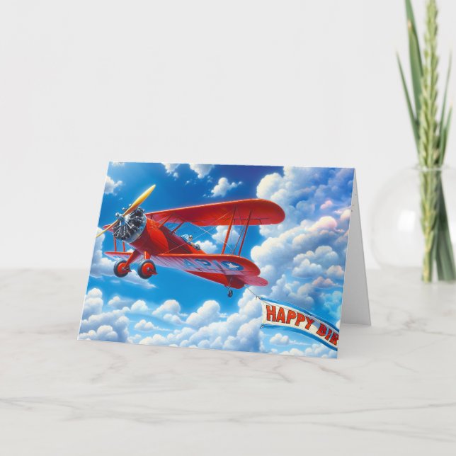 Red Vintage Biplane with Birthday Banner Card (Front)