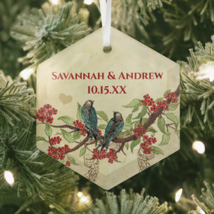 Red Vintage Bird Save the Date Damask Brown Notes Glass Ornament
