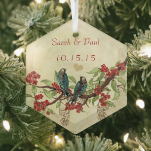 Red Vintage Bird Save the Date Damask Brown Notes Glass Ornament