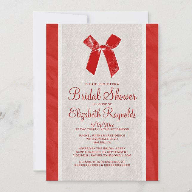 Red Vintage Bow & Linen Bridal Shower Invitations (Front)