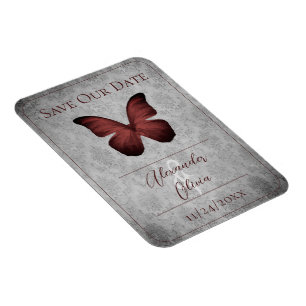 Red Vintage Butterfly Damask Save the Date Magnet