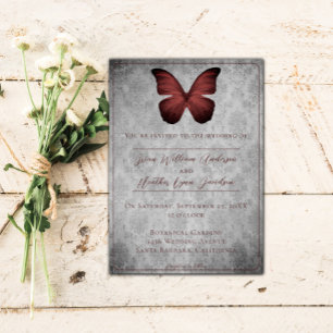 Red Vintage Butterfly Damask Wedding Invitation