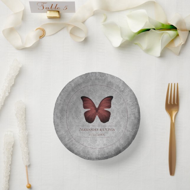 Red Vintage Butterfly Damask Wedding Paper Plate (Wedding)
