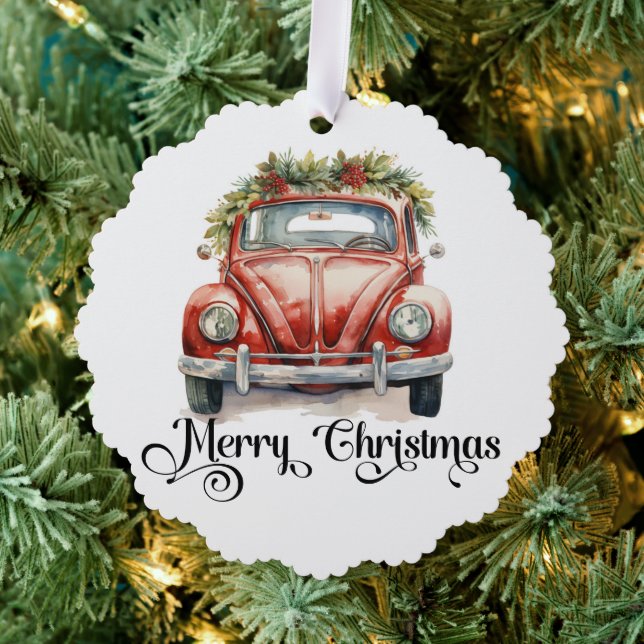 Red Vintage Car Christmas Ornament Card (Insitu (Tree))