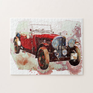 Red Vintage Car Illustration Drawing Jigsaw Puzzle