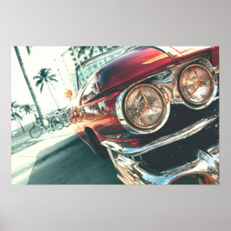 red vintage car on south beach poster