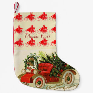 RED VINTAGE CAR WITH CHRISTMAS TREES AND BELL SMALL CHRISTMAS STOCKING