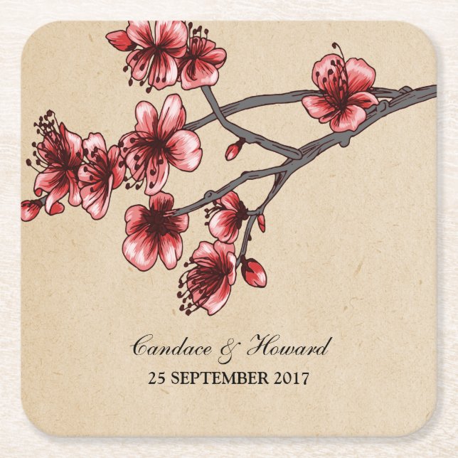 Red Vintage Cherry Blossoms Paper Coasters (Front)