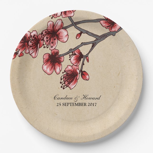 Red Vintage Cherry Blossoms Paper Plates (Front)