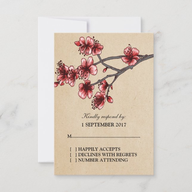 Red Vintage Cherry Blossoms RSVP Card (Front)