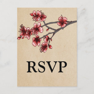 Red Vintage Cherry Blossoms RSVP Postcard